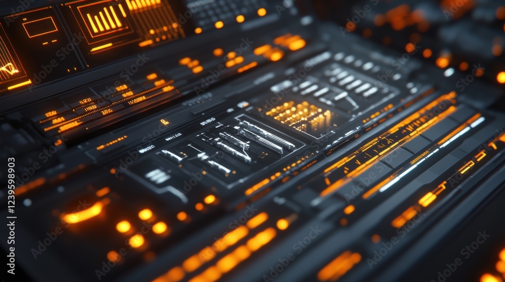 Poster orange lights illuminating futuristic control panel displaying complex data analysis and information
