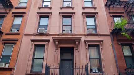 Obraz premium Brownstone facade with detailed window frames and air conditioning units