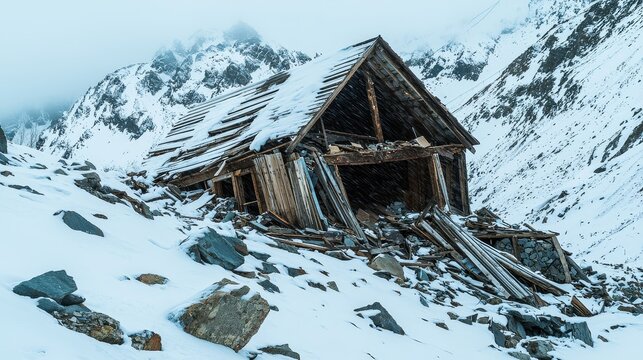 A wooden cabin crushed by an avalanche, with debris and snow scattered across a wintry mountain slope
