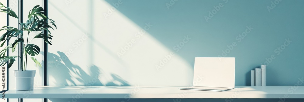 Poster Bright and minimalistic workspace featuring a laptop and greenery in a well lit room. Generative AI