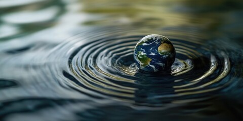 A small globe is floating on top of a large wave of water. Concept of calmness and serenity, as the globe seems to be at peace in the midst of the ocean