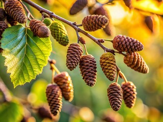 Obraz premium Alder Tree Branch with Cones and Leaves in Shallow Depth of Field