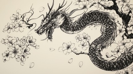 Obraz premium Serpent-like dragon flying through cherry blossoms, delicate petal details, hand-drawn black ink illustration