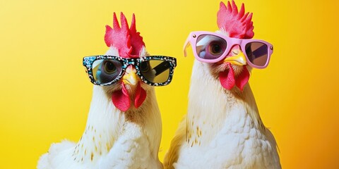 Fototapeta premium Two roosters in sun glasses on a yellow background