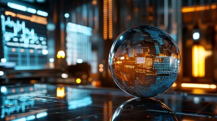 Investor prediction scene with a glass orb reflecting stock trends, complex financial graphs in the background, cyber-finance style