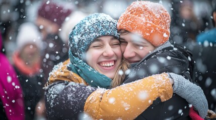 Volunteers and locals hugging and showing gratitude, snow gently falling around them, soft focus, emotional and heartfelt mood