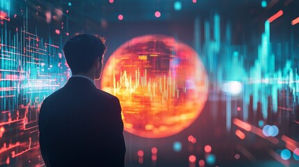 Fototapeta premium Investor silhouette gazing at a glowing crystal sphere filled with dynamic candlestick patterns, bright data streams in the background