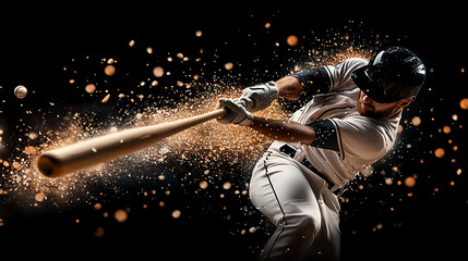 baseball player swings bat, creating dynamic spray of dust and particles. intense action captures excitement of game