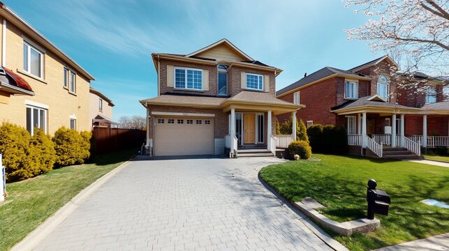 Two-story suburban house with a driveway and manicured lawn on a bright day