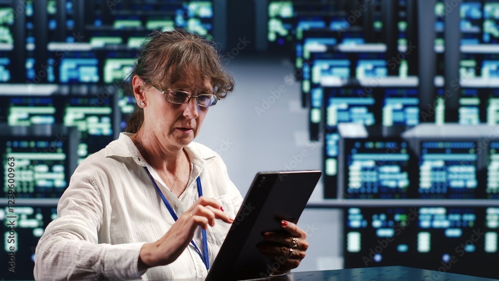 Poster hardworking supervisor in server room housing high end machines capable of quickly and efficiently p