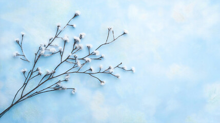 Delicate Winter Branch with Snow and Frost Against a Soft Blue Sky