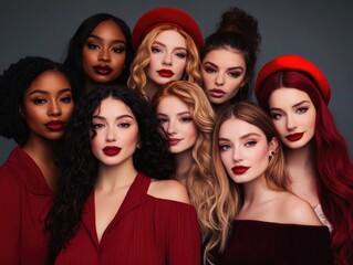 Obraz premium A group of models with red hair and lipstick, posing for a photo shoot against a studio backdrop.