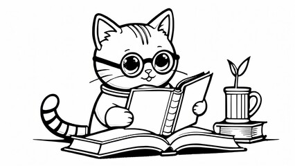 Cute scholarly cat wearing glasses reading books with coffee mug coloring page