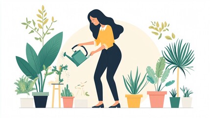Vector Illustration of Watering the Plants in a Professional Manner Using a Watering Can for Gardening or Agricultural Purposes