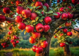 Obraz premium Apple Tree with Vibrant Red Apples in Dim Light