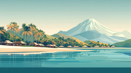 Tropical beach resort with bungalows reflecting in the ocean water at the foot of a volcano