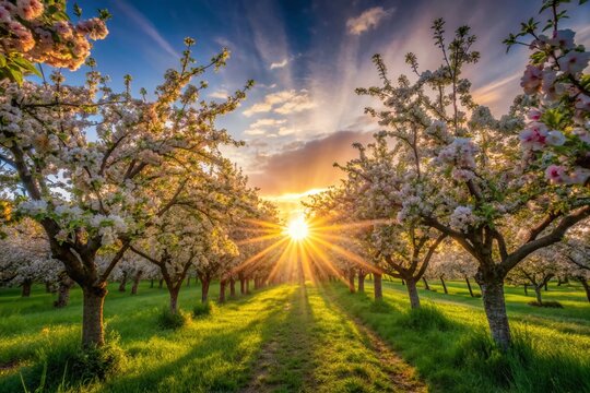 Apple Trees in Bloom in Sunny Betuwe Orchards