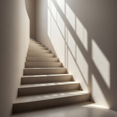 Fototapeta premium A striking minimalist staircase illuminated by natural light, highlighting the elegant interplay of light and shadow in contemporary architectural design.