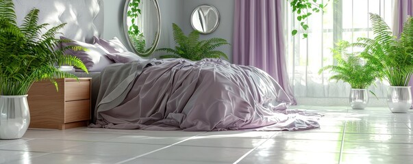 A peaceful bedroom setup with a bed covered in soft lilac and gray bedding