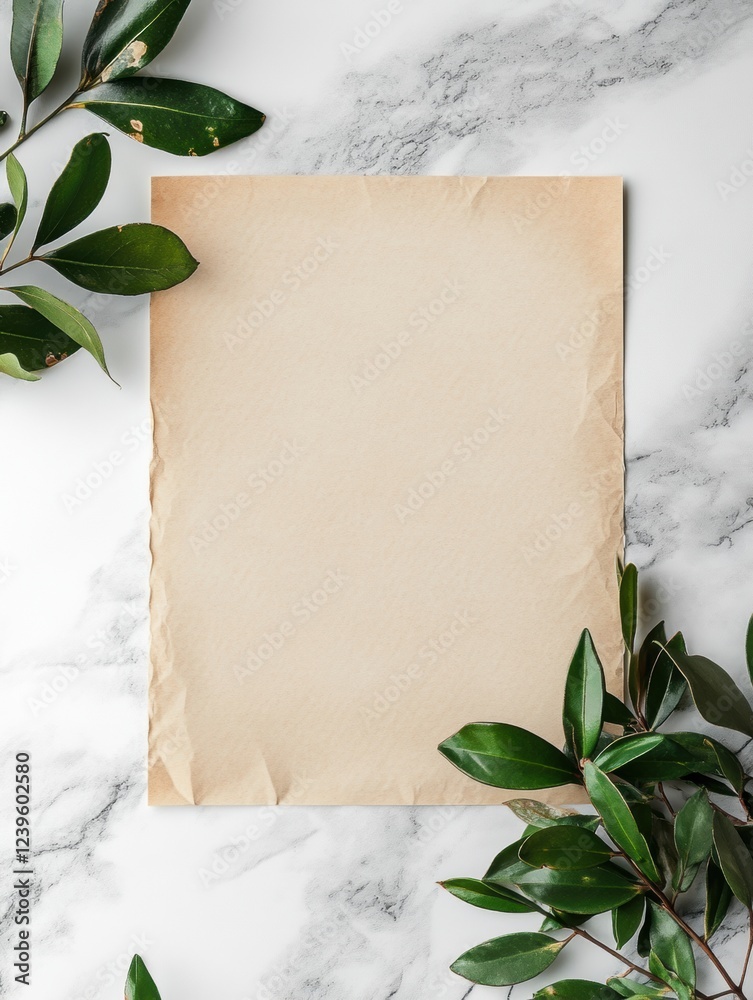 Fototapete Natural elements frame a blank sheet of paper on a marble surface during daylight. Generative AI