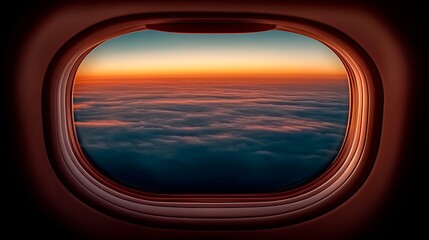 Fototapeta premium Aerial view of clouds at sunset from an airplane window, showcasing vibrant colors
