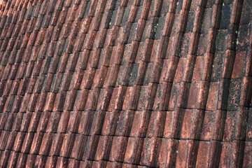 Close-up view of aged terracotta roof tiles, showcasing their rich texture and repeating patterns. The image is rich in warm tones. Ancient Red Tile Roof Texture: Awe-Inspiring Architectural Detail