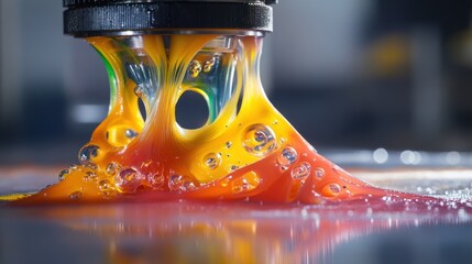 A closeup of a heated extruder nozzle with melted biodegradable material oozing out capturing the vibrant colors and viscous nature of the bioplastic as it is being formed.