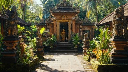 Fototapeta premium A Balinese style temple house with intricate stone carvings and tropical gardens