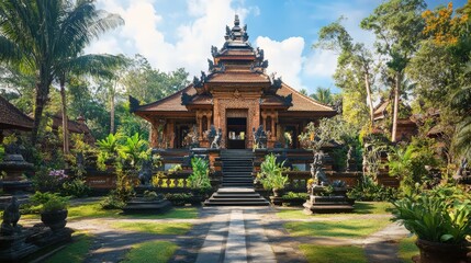 Fototapeta premium A Balinese style temple house with intricate stone carvings and tropical gardens