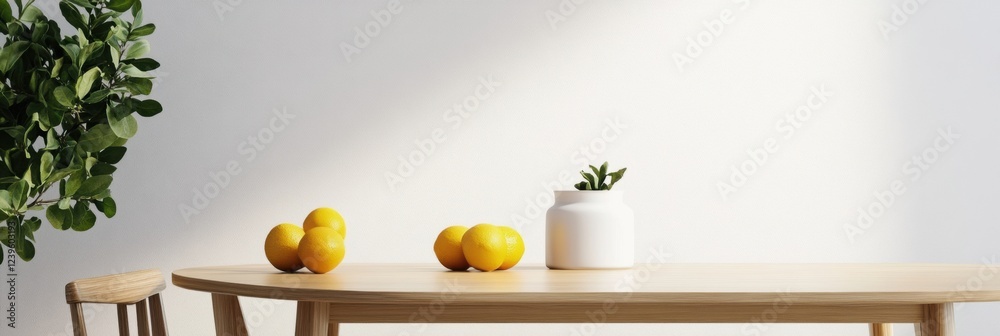 Poster Modern dining table with lemons and a plant enhances minimalistic home decor in a bright setting. Generative AI