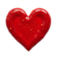 Closeup of a glossy red heart shape with gold dots, isolated on black background.