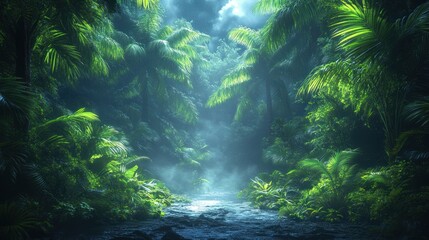 Fototapeta premium Lush tropical jungle path, sunlight through trees, mist, background greenery, perfect for adventure travel
