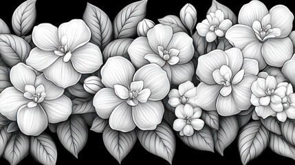 Monochrome floral border, seamless pattern, dark background, textile design