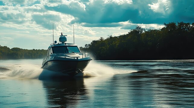 A border patrol boat cruising along a river border, ensuring security against illegal crossings