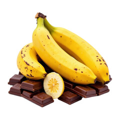 Closeup of two ripe bananas and a pile of dark chocolate squares, with a lemon slice.