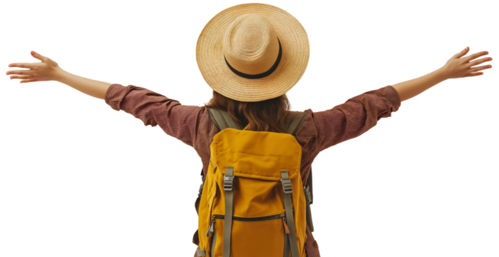 Explorer with Spread Arms in Straw Hat and Backpack on White Background isolated rearview woman female