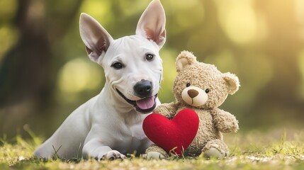 A playful white puppy with big ears holds a teddy bear with a red heart, radiating joy and innocence.