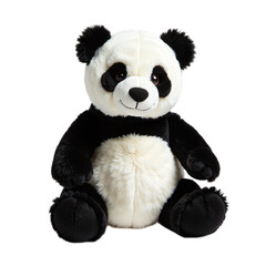 Closeup of a large, fluffy, black and white panda plush toy sitting against a black background.