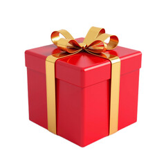 A red gift box with a gold ribbon and bow, isolated on a black background.