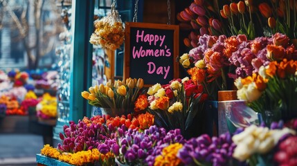 A cheerful market stall filled with bright flowers and a sign reading "Happy Women's Day" in vibrant lettering