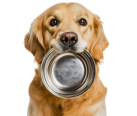 Cute Dog Holding Empty Bowl in Studio Portrait Looking Hungry isolated