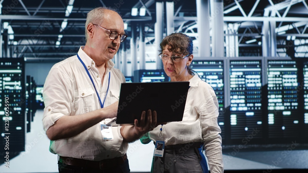 Poster it team in data center using laptop to monitor energy efficient supercomputers. server hub using ren