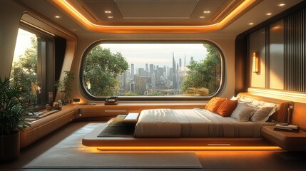 Futuristic bedroom sunrise cityscape view