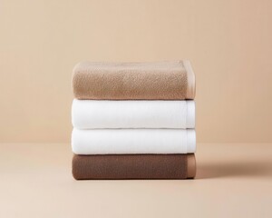 sustainable sports gear design style. Durable gym towels in neutral tones, accented with subtle embroidered branding, made from bamboo fibers