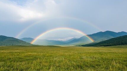 Obraz premium Double rainbow over grassy valley, mountain backdrop, scenic landscape, travel poster