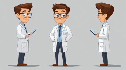 Cartoon Illustration of a Scientist Character Holding a Medicine Bottle, Perfect for Science-Themed Projects and Marketing Materials