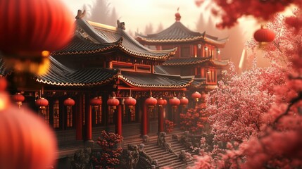 A Chinese pagoda-style temple house with red lanterns and curved roofs