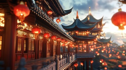 Obraz premium A Chinese pagoda-style temple house with red lanterns and curved roofs