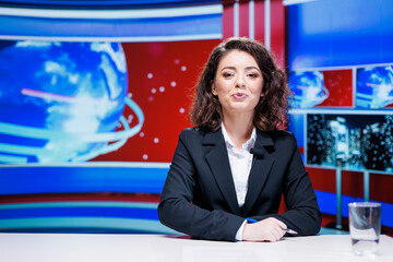 Woman journalist reporting newscast in media studio, working as news anchor and reading important...