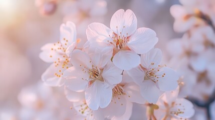A close-up of delicate cherry blossoms in full bloom, representing renewal and feminine beauty